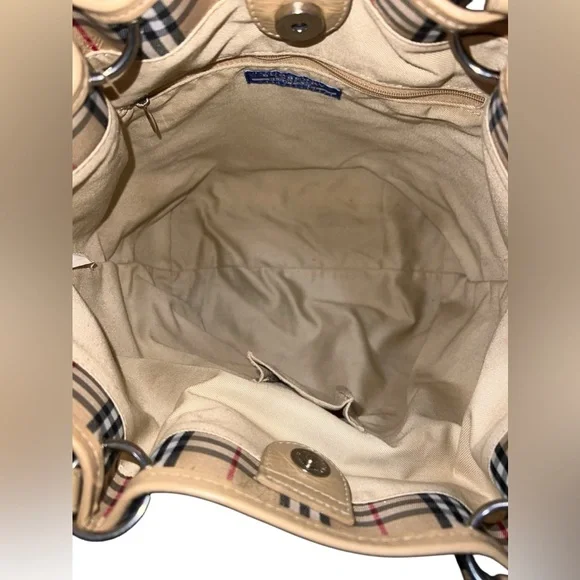 Burberry Nova Check Canvas Leather Tote Tan Black Red Traditional Plaid Pleated - Picture 14 of 16